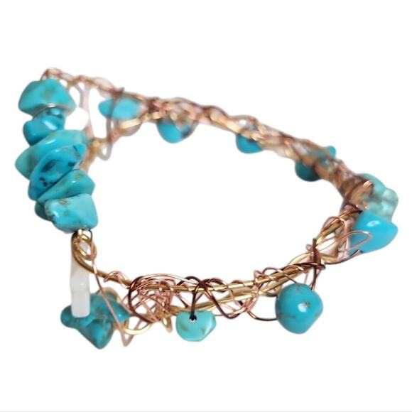 14K Gold Mother Of Pearl Cresant Moon Star Wire Wrapped Turquoise Bangle - Picture 2 of 3